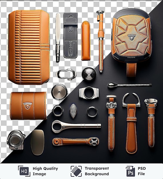 PSD high quality transparent psd exotic luxury car accessories set featuring a silver camera orange case and silver and gray headphones