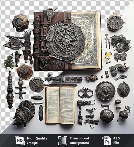 PSD high quality transparent psd fantasy role playing game set up featuring a brown book gold clock and small figurine