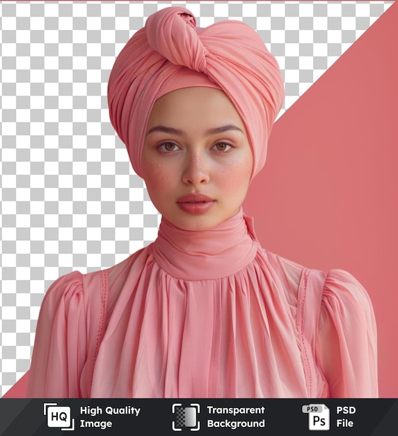 High quality transparent psd fashi a woman wearing a pink turban standing in front of a pink wall she has a smiling face with brown eyes a nose