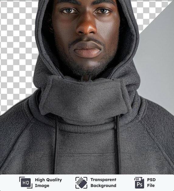 PSD high quality transparent psd front view capture a hoodie tin technical materials fabric label hd wallpaper featuring a gray man with a black face large nose and