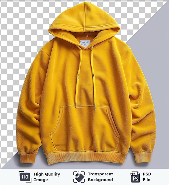 PSD high quality transparent psd front view capture a hoodie yellow fleece material fabric label