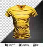 PSD high quality transparent psd front view capture a premium t shirt yellow cotton material fabric label with a black and yellow wall in the background