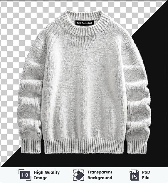 PSD high quality transparent psd front view capture a sweater white technical materials fabric label