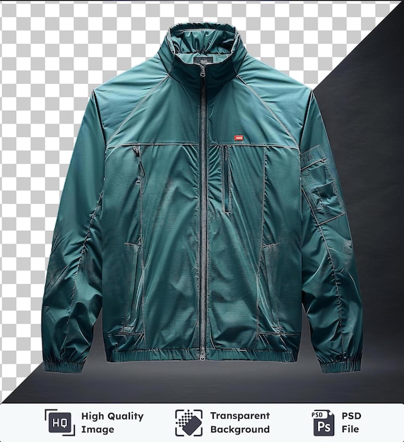 High quality transparent psd front view capture a track jacket teal technical materials fabric label