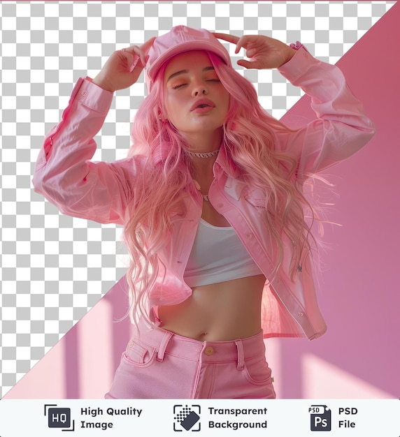 PSD high quality transparent psd full body young woman 20s with bright dyed rose hair in rosy top shirt hat doing dab hip hop dance hands move gesture people lifestyle fa