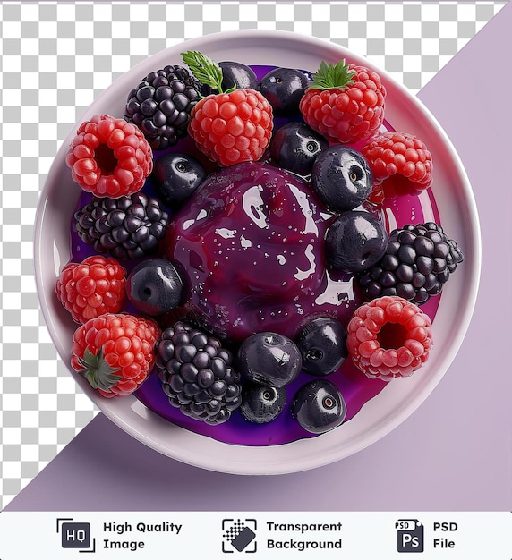 PSD high quality transparent psd glistening berry compote on a white plate accompanied by a green leaf