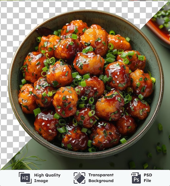 PSD high quality transparent psd gobi manchurian served in a silver bowl on a green table accompanied by a green flower