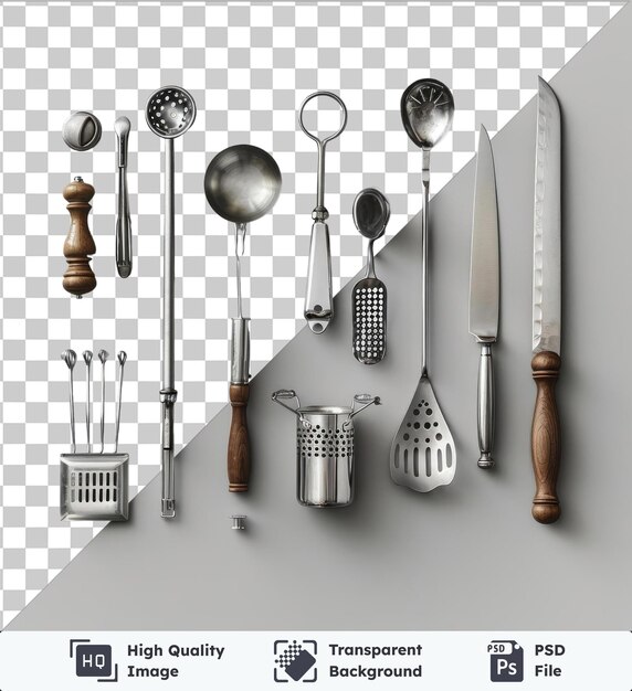 Set di utensili da cucina francesi gourmet di alta qualità psd trasparente esposto su una parete bianca con cucchiai d'argento coltelli e forchette con maniglie marroni e di legno