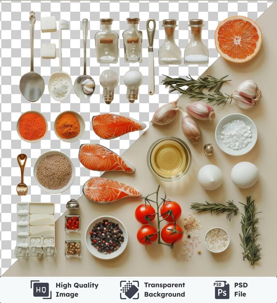 High quality transparent psd gourmet spanish cooking set displayed on a transparent background featuring a variety of ingredients including white eggs oranges and a small white bowl accompanied by