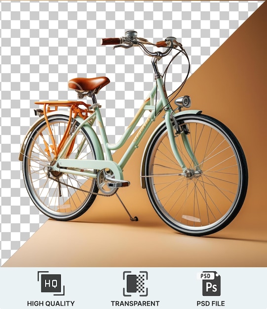 PSD high quality transparent psd a green and white bicycle with a brown seat and metal silver pedal featuring a black wheel