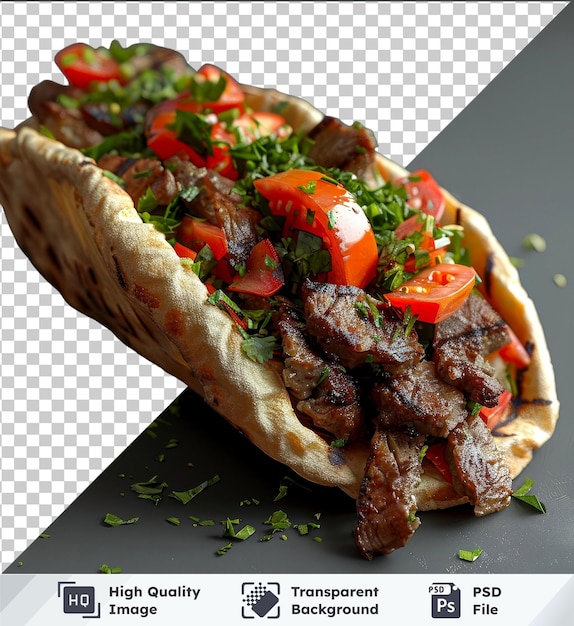 PSD high quality transparent psd of halifax donair sandwich with meat tomatoes and herbs on a table