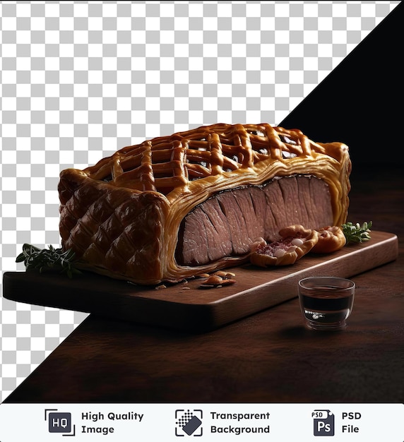 PSD 고품질의 투명한 psd 가운 고기 웰링턴은 작은 투명한 유리판과 함께 나무 절단판에 제공됩니다.