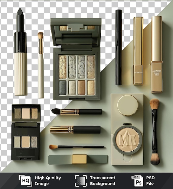 PSD high quality transparent psd high end makeup and cosmetics set displayed on a transparent background accompanied by a black pen