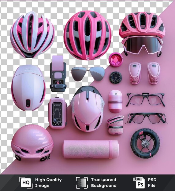 PSD high quality transparent psd high tech cycling accessories set displayed on a pink wall featuring a pink helmet black glasses and a black wheel