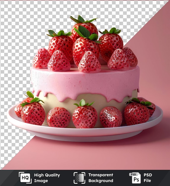 고품질의 투명한 Psd 집에서 만든 케이크와 신선한 딸기 모형이  접시 위에 있습니다.