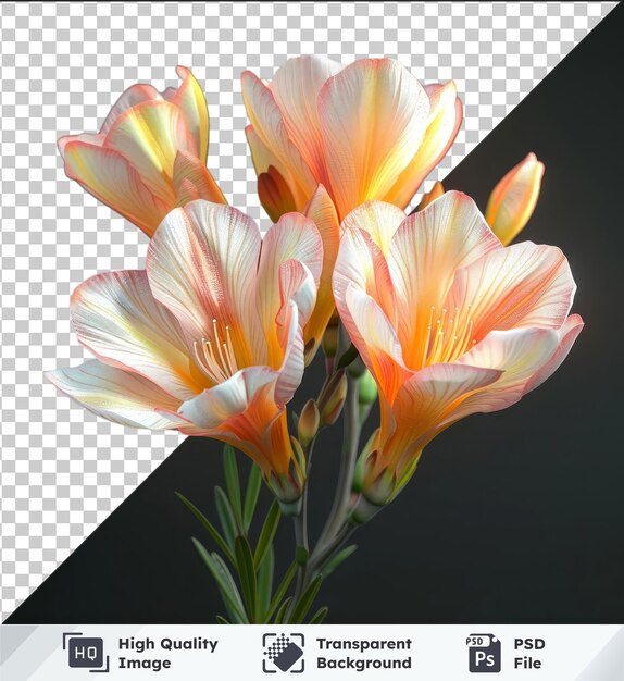 PSD high quality transparent psd image of yellow and orange freesia flowers on black background