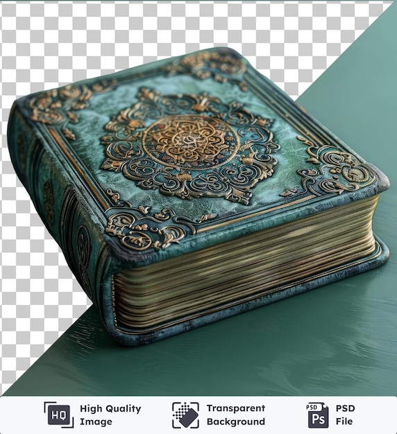 PSD high quality transparent psd islamic history book for ramadan displayed on a blue table against a blue wall with a reflection visible in the foreground