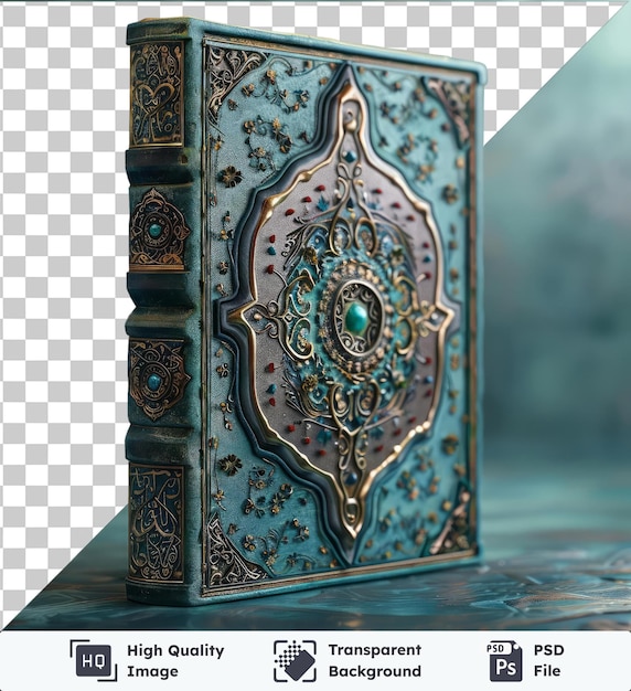 PSD high quality transparent psd islamic history book for ramadan displayed on a blue table against a blue wall