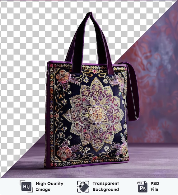 High quality transparent psd islamic motif tote bag for ramadan displayed on a wooden table against a purple wall with a black handle visible in the foreground