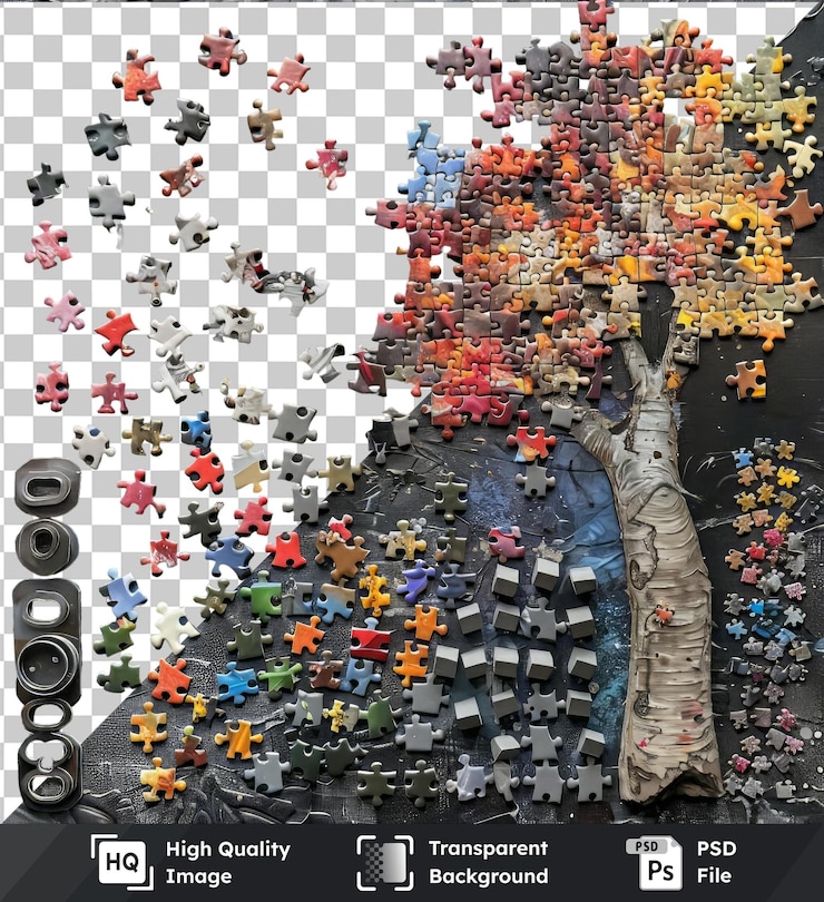 PSD high quality transparent psd jigsaw puzzle collection set featuring a tree and a black and gray car