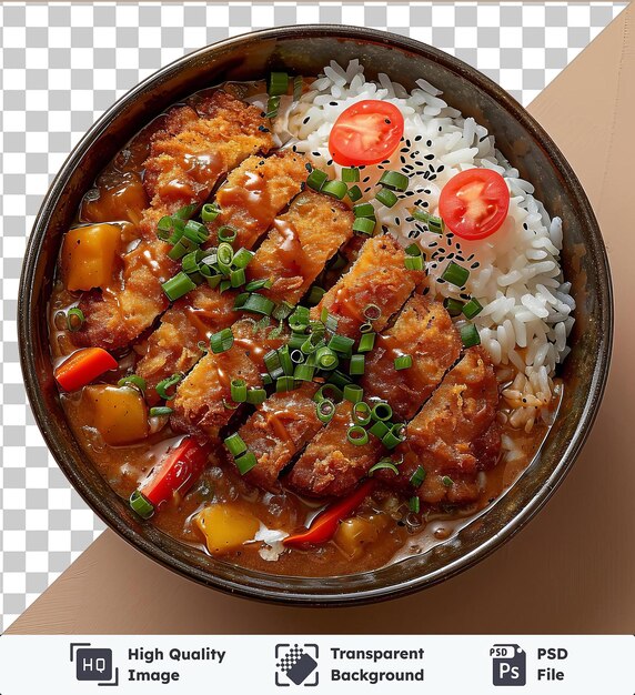 PSD high quality transparent psd katsu curry served in a metal bowl with white rice and sliced red tomatoes