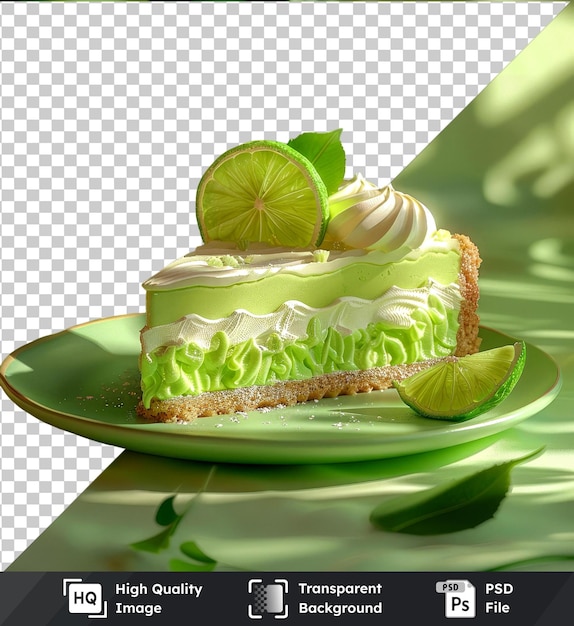 PSD high quality transparent psd of key lime pie on green plate with cream and lime slices