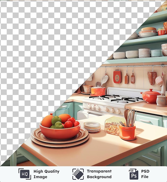 High quality transparent psd kitchen artwork featuring a white stove sink and countertop with a silver faucet the kitchen is accented with a green and blue shelf a white