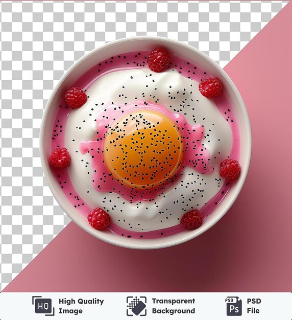 PSD high quality transparent psd kompeito food served in a white bowl on a pink background accompanied by a red ball