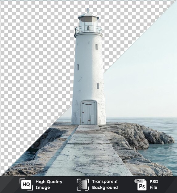 PSD high quality transparent psd lighthouse stands tall amidst rocky terrain with a white door and small window against a clear blue sky