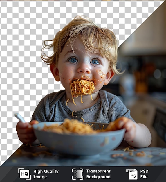 PSD Высококачественное прозрачное псд маленький мальчик малыш ребенок ест спагетти на обед и делает беспорядок дома на кухне