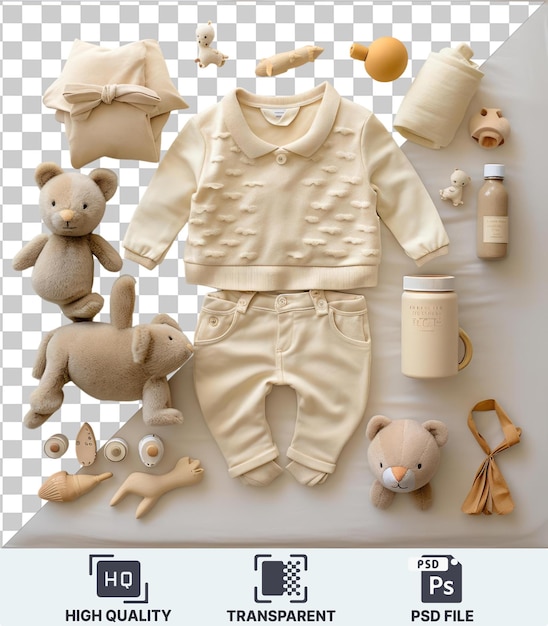 PSD high quality transparent psd luxury baby clothing and essentials set featuring a white shirt tan and khaki pants and a white bottle