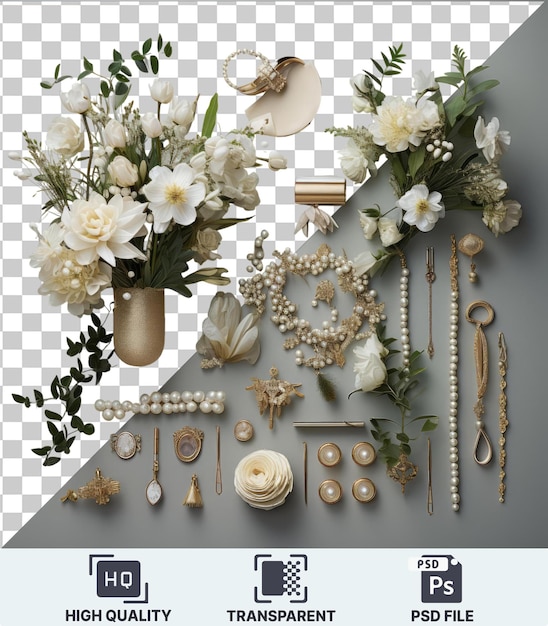 PSD high quality transparent psd luxury bridal accessories set featuring white flowers in a brown vase a gold necklace and a white necklace displayed against a white wall