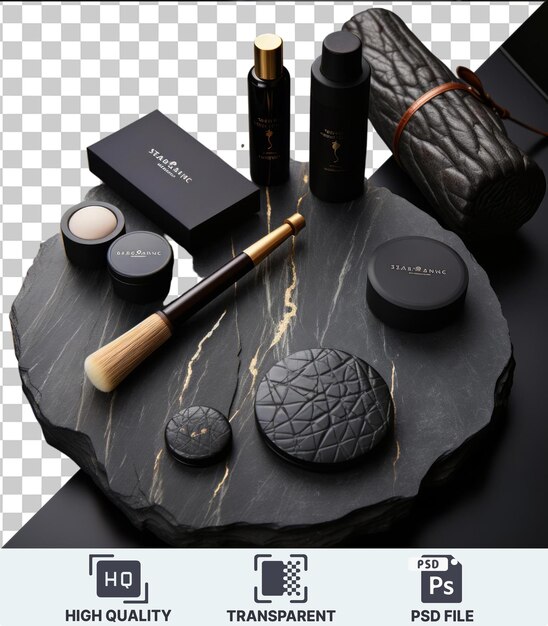 PSD high quality transparent psd luxury skincare and beauty set featuring a black bottle round coin and black box