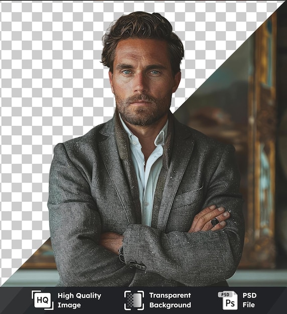 PSD high quality transparent psd a man in a suit stands in front of a a man with his arms crossed the man has brown hair a large nose and a blue eye
