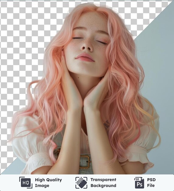 PSD high quality transparent psd medium shot of a lovely caucasian girl with long pink hair standing