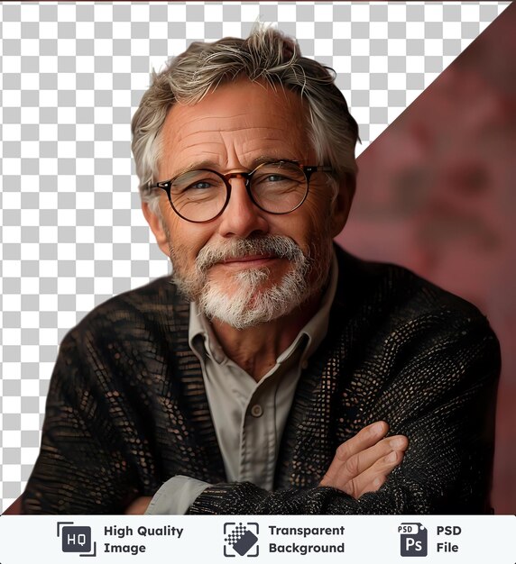 PSD high quality transparent psd middle age hoary senior man wearing glasses over isolated happy