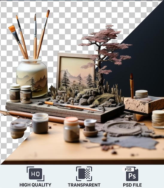 PSD high quality transparent psd miniature painting and accessories set up on a wooden table with a small tree in the background