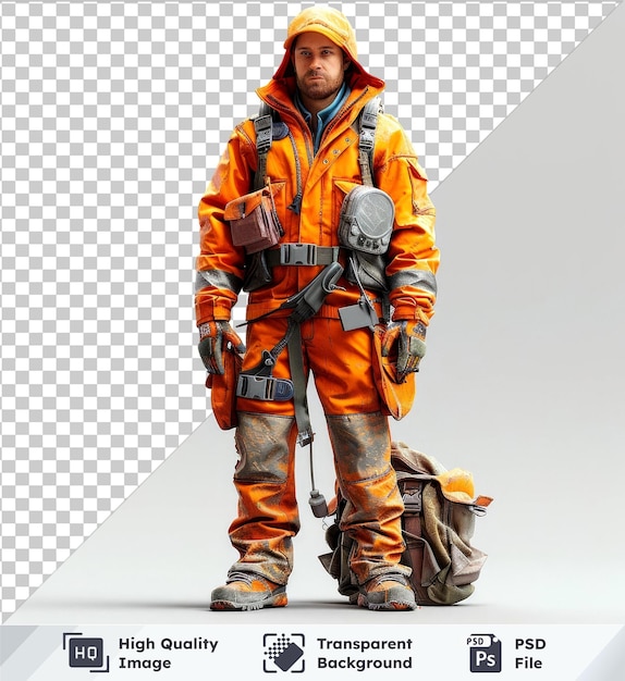 PSD un modello psd trasparente di alta qualità con un uomo con giacca arancione e guanti