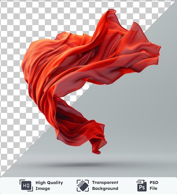 PSD high quality transparent psd mockup of a flying red silk fabric against a gray and white sky with a red leg visible in the foreground