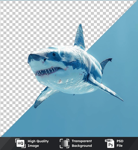 High quality transparent psd mockup of a great white shark swimming in clear blue water with a blue fin visible in the foreground and a blue sky in the background