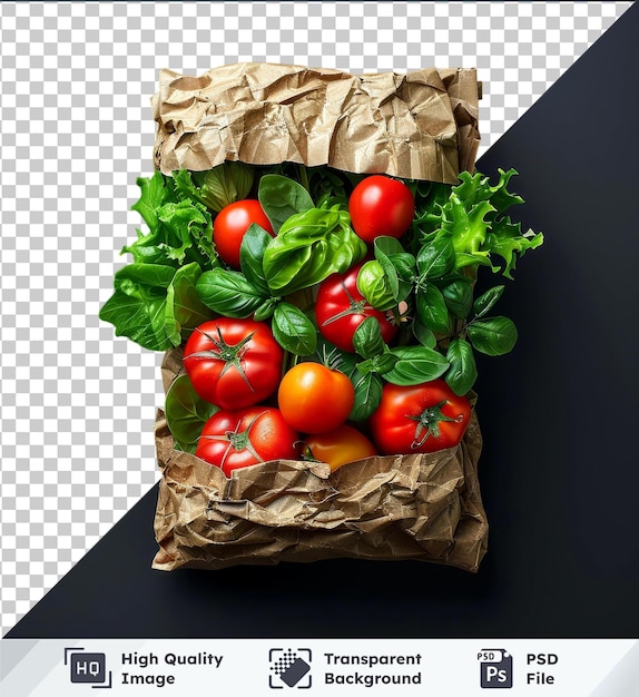 High quality transparent psd mockup of vegetables in recyclable paper bag with basil and tomatoes