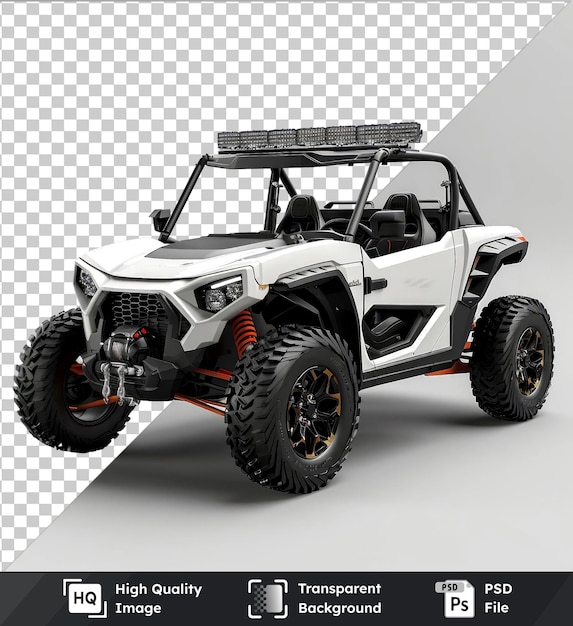 High quality transparent psd mockup of a white utv buggy with black tires and a metal rack set against a gray sky