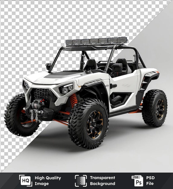 PSD high quality transparent psd mockup of a white utv buggy with black tires and a metal rack set against a gray sky