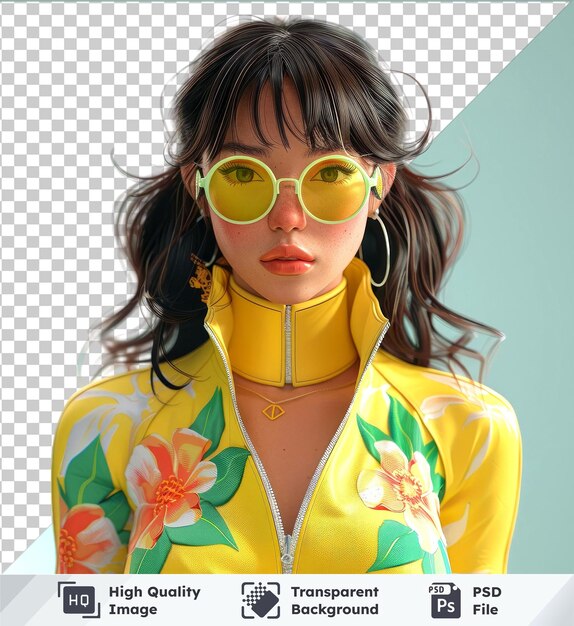 PSD high quality transparent psd mockup woman with long brown hair yellow jacket sunglasses adorned