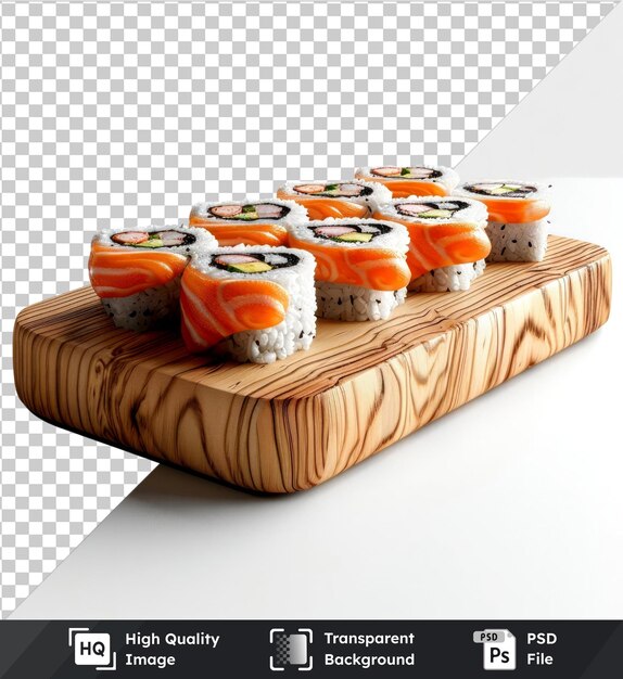 PSD high quality transparent psd mockup of a wooden board with sushi on it