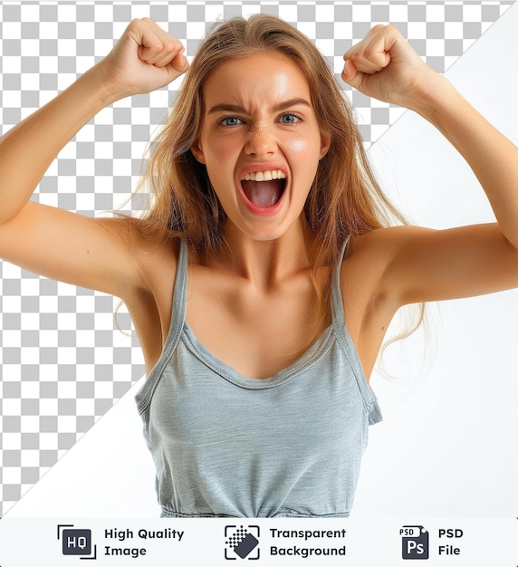 PSD high quality transparent psd photo of ecstatic lady shout loud yeah fist up raise win lottery isolated bright shine color