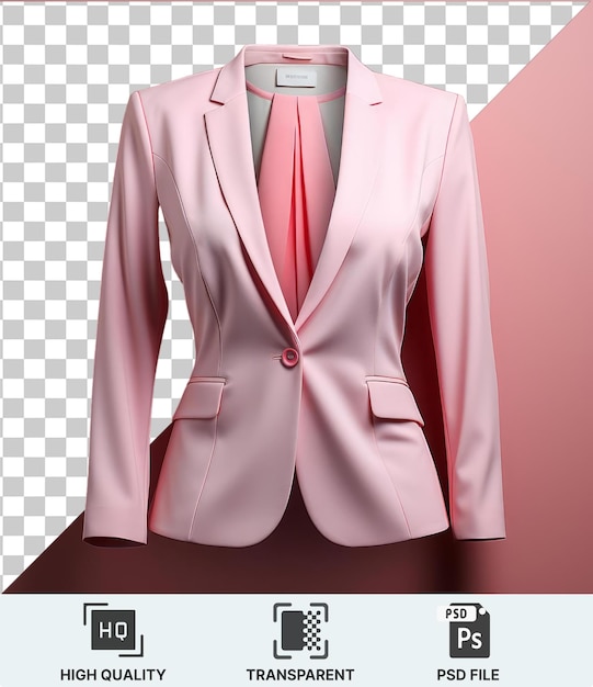 High quality transparent psd a pink suit jacket with a silver button displayed against a pink wall