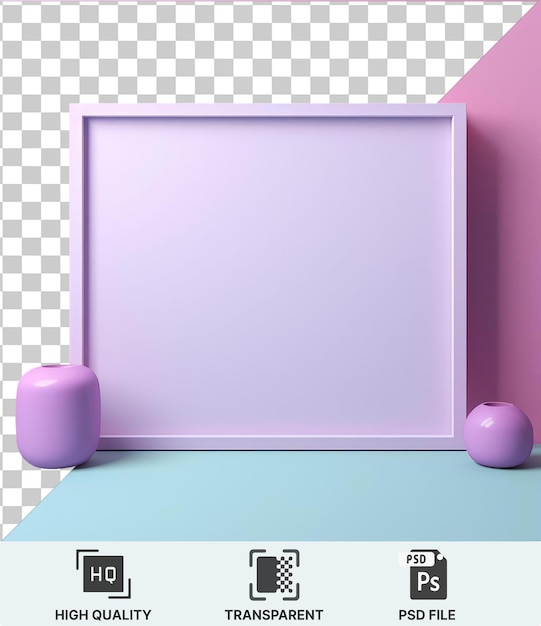 PSD high quality transparent psd a pink wall with a white frame accompanied by a purple and pink vase on a blue table with a dark shadow in the foreground