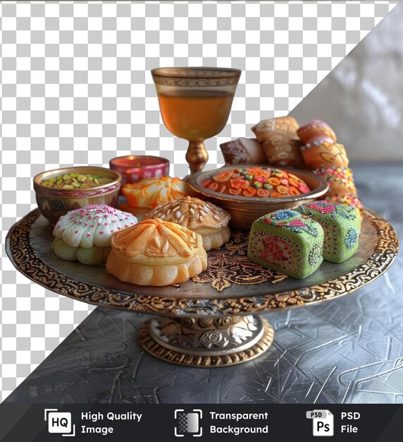 High quality transparent psd plate of bakpia for eid al fitr displayed on a table against a gray and white wall accompanied by a brown bowl