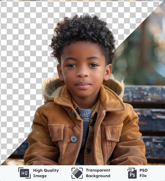 High quality transparent psd portrait of an african american boy sitting on a bench in an urban space wearing a brown jacket blue jeans and a blue tie his curly black hair frames